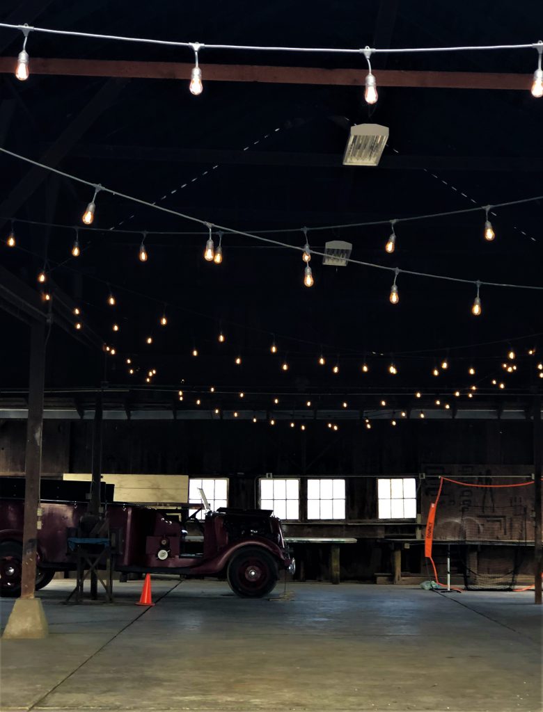 Abele Farms, Yolo County, Woodland, Inside reception barn lights