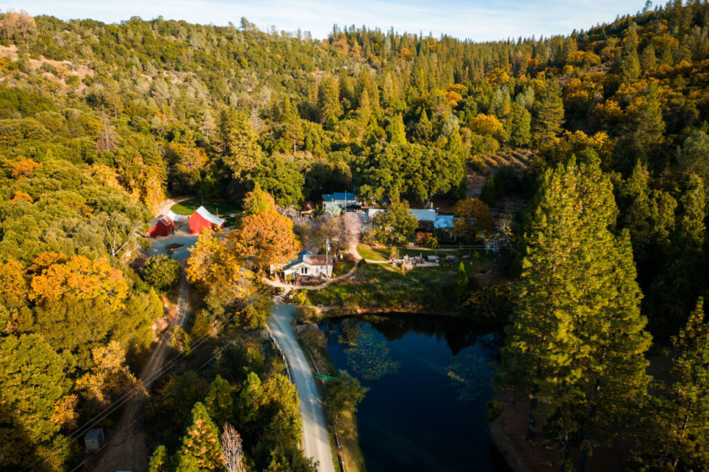 The Ranch at Stoney Creek, El Dorado County. Aerial of venue and pond.